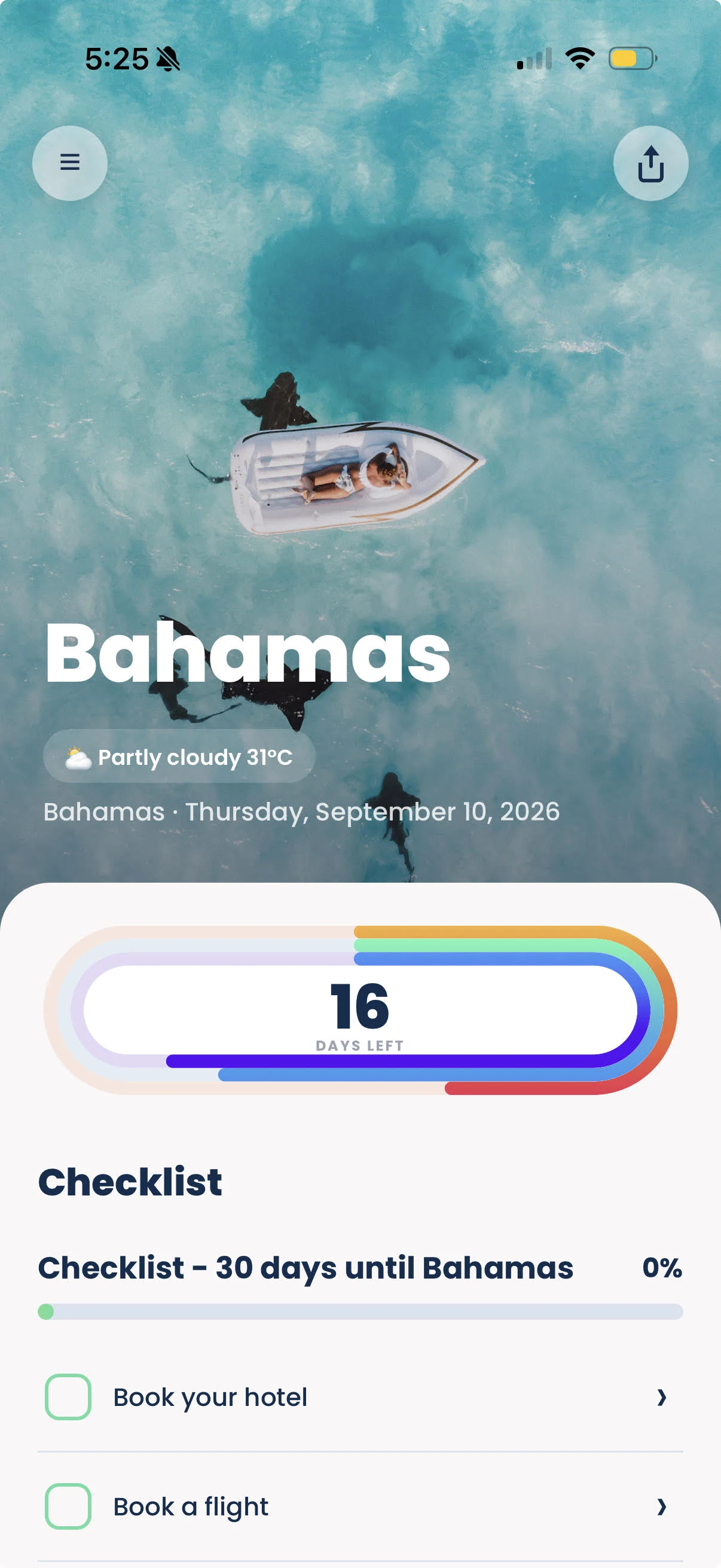 Screenshot der Soon Urlaubscountdown-App mit Live-Countdown zu den Bahamas