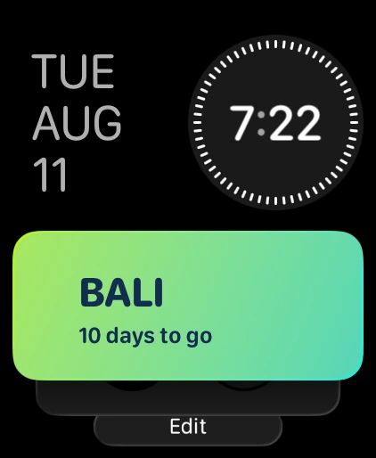 Soon Urlaubscountdown-Komplikation auf einem Apple-Watch-Ziffernblatt, zeigt Bali in 10 Tagen