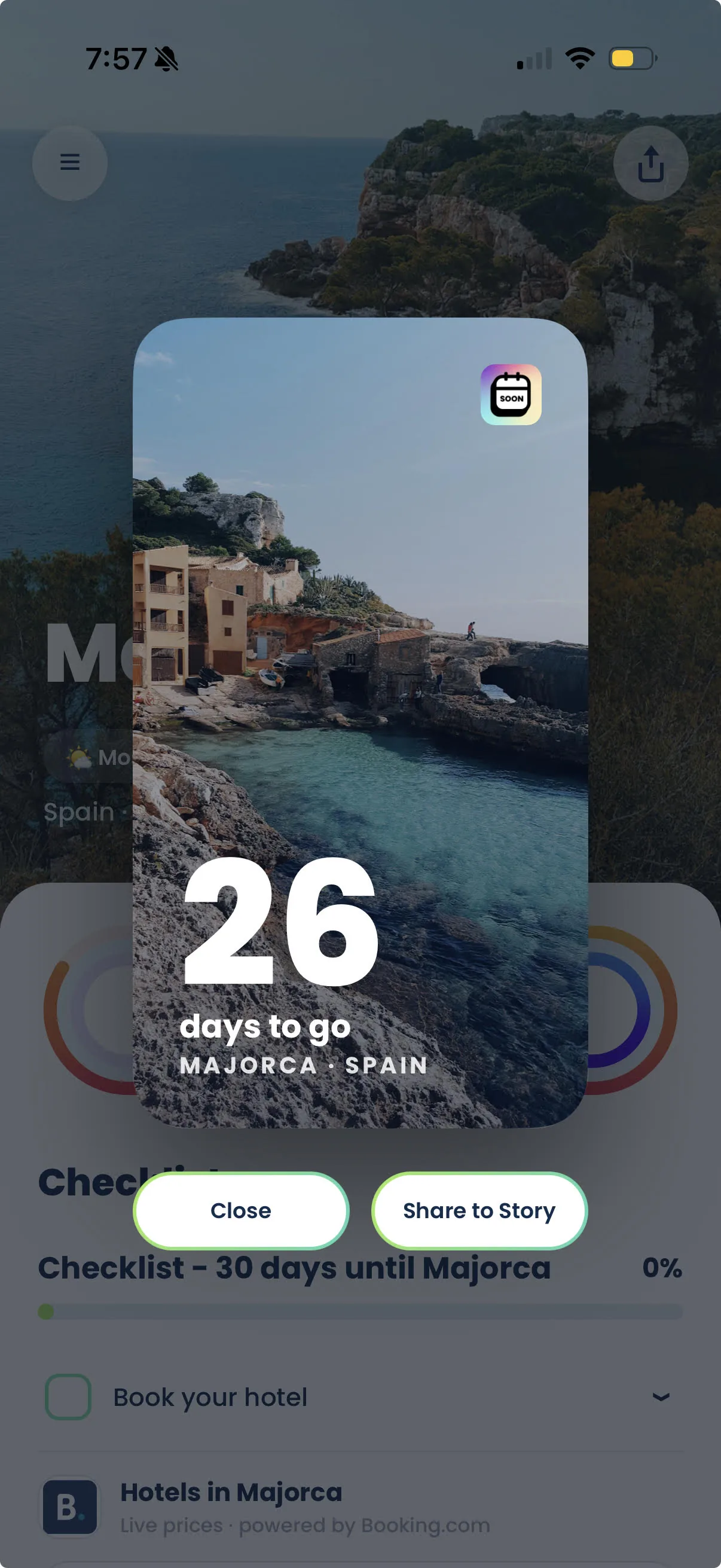 Soon Urlaubscountdown-Karte für Mallorca mit Share-Button, bereit für den WhatsApp-Status oder die Story